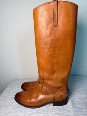 Frye Lindsay Plate Cognac Honey Leather Knee High Riding Boots Sz 7